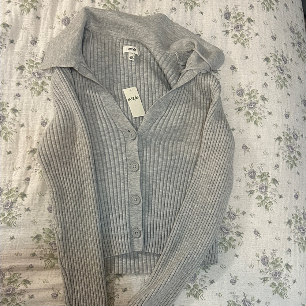 Aerie Light Gray Ribbed Cardigan